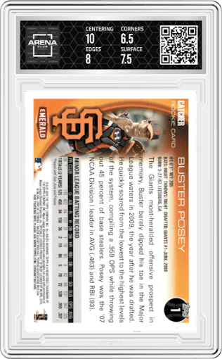 Buster Posey from the 2010 Topps Emerald SGA set graded by Arena Club and given an overall grade of 7.