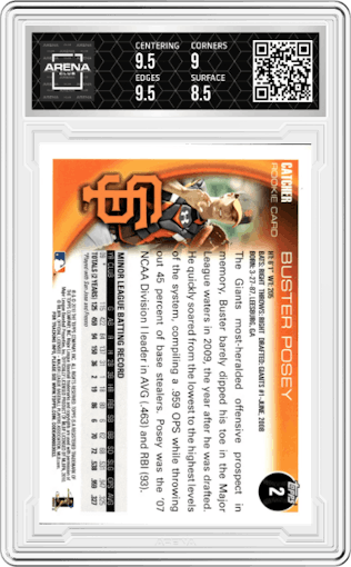 Buster Posey from the 2010 Topps set graded by Arena Club and given an overall grade of 9.