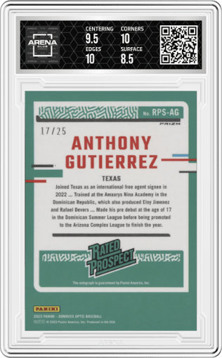 Anthony Gutierrez from the 2023 Panini Donruss set featuring a Blue parallel graded by Arena Club and given an overall grade of 9.