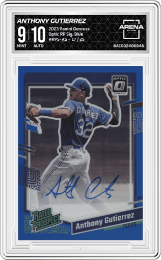 Anthony Gutierrez from the 2023 Panini Donruss set featuring a Blue parallel graded by Arena Club and given an overall grade of 9.
