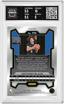 Anthony Black from the 2023-24 Panini Prizm set featuring a Red Ice parallel graded by Arena Club and given an overall grade of 9.5.