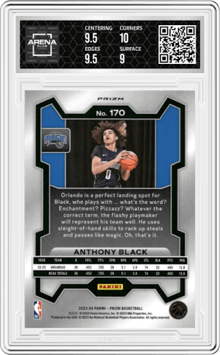 Anthony Black from the 2023-24 Panini Prizm set featuring a Red Ice parallel graded by Arena Club and given an overall grade of 9.5.