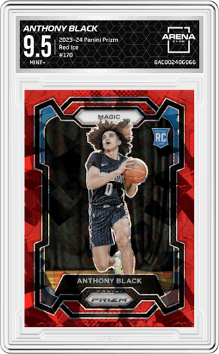 Anthony Black from the 2023-24 Panini Prizm set featuring a Red Ice parallel graded by Arena Club and given an overall grade of 9.5.