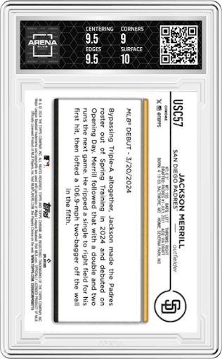 Jackson Merrill from the 2024 Topps Chrome Update set featuring a X-Fractor parallel graded by Arena Club and given an overall grade of 9.5.