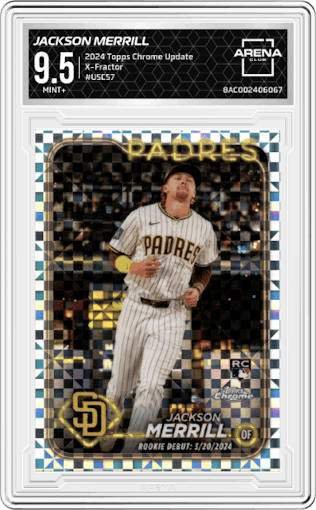 Jackson Merrill from the 2024 Topps Chrome Update set featuring a X-Fractor parallel graded by Arena Club and given an overall grade of 9.5.