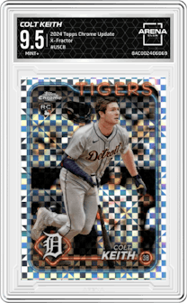 Colt Keith from the 2024 Topps Chrome Update set featuring a X-Fractor parallel graded by Arena Club and given an overall grade of 9.5.