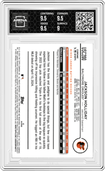 Jackson Holliday from the 2024 Topps Chrome Update set featuring a X-Fractor parallel graded by Arena Club and given an overall grade of 9.5.
