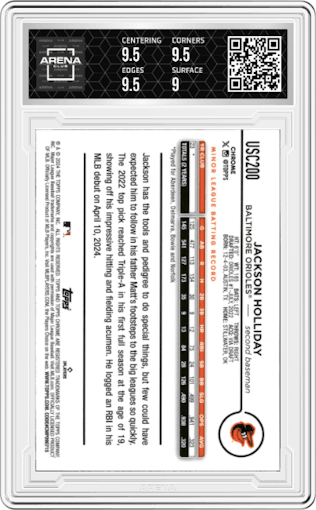 Jackson Holliday from the 2024 Topps Chrome Update set featuring a X-Fractor parallel graded by Arena Club and given an overall grade of 9.5.