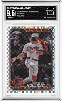 Jackson Holliday from the 2024 Topps Chrome Update set featuring a X-Fractor parallel graded by Arena Club and given an overall grade of 9.5.