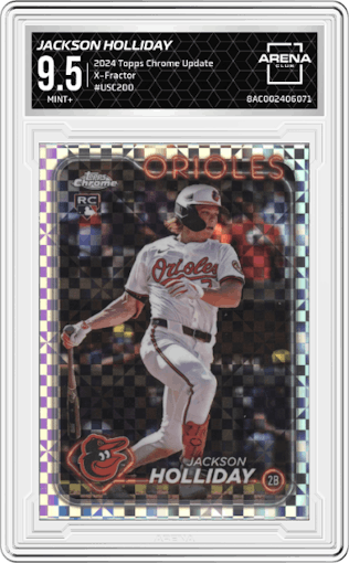Jackson Holliday from the 2024 Topps Chrome Update set featuring a X-Fractor parallel graded by Arena Club and given an overall grade of 9.5.
