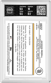 Jackson Merrill from the 2024 Topps Chrome Update set graded by Arena Club and given an overall grade of 9.