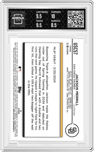 Jackson Merrill from the 2024 Topps Chrome Update set graded by Arena Club and given an overall grade of 9.