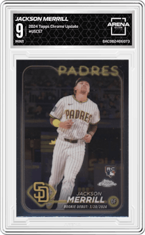 Jackson Merrill from the 2024 Topps Chrome Update set graded by Arena Club and given an overall grade of 9.