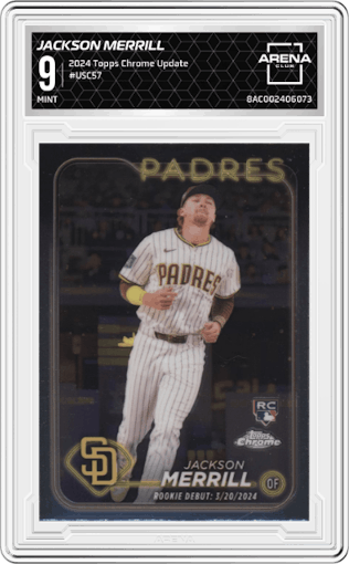 Jackson Merrill from the 2024 Topps Chrome Update set graded by Arena Club and given an overall grade of 9.