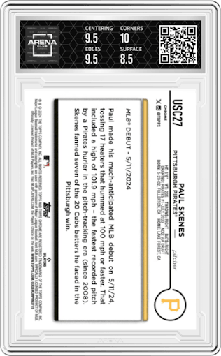 Paul Skenes from the 2024 Topps Chrome Update set graded by Arena Club and given an overall grade of 9.