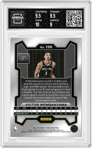 Victor Wembanyama from the 2023-24 Panini Prizm set graded by Arena Club and given an overall grade of 9.5.