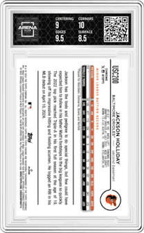 Jackson Holliday from the 2024 Topps Chrome Update set graded by Arena Club and given an overall grade of 9.