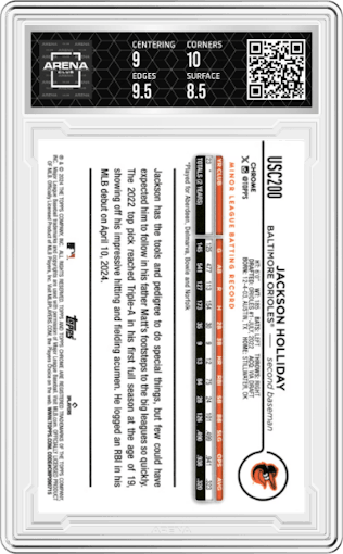 Jackson Holliday from the 2024 Topps Chrome Update set graded by Arena Club and given an overall grade of 9.