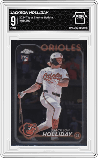 Jackson Holliday from the 2024 Topps Chrome Update set graded by Arena Club and given an overall grade of 9.