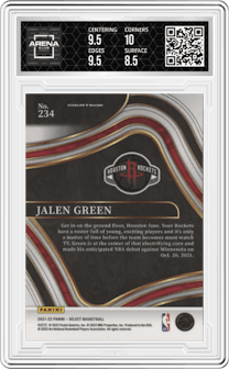 Jalen Green from the 2021-22 Panini Select set featuring a Blue Retail parallel graded by Arena Club and given an overall grade of 9.