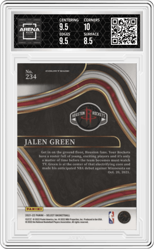 Jalen Green from the 2021-22 Panini Select set featuring a Blue Retail parallel graded by Arena Club and given an overall grade of 9.