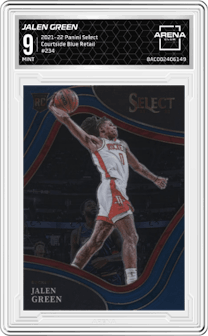 Jalen Green from the 2021-22 Panini Select set featuring a Blue Retail parallel graded by Arena Club and given an overall grade of 9.