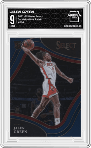 Jalen Green from the 2021-22 Panini Select set featuring a Blue Retail parallel graded by Arena Club and given an overall grade of 9.