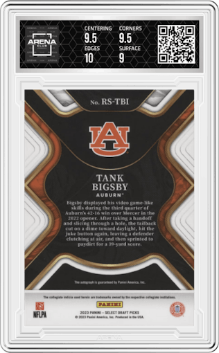 Tank Bigsby from the 2023 Panini Select Draft Picks set graded by Arena Club and given an overall grade of 9.5.