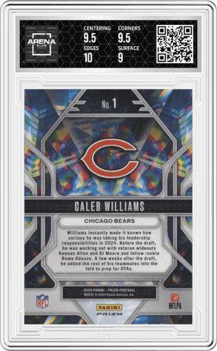 Caleb Williams from the 2024 Panini Prizm set featuring a Green Prizm parallel graded by Arena Club and given an overall grade of 9.5.