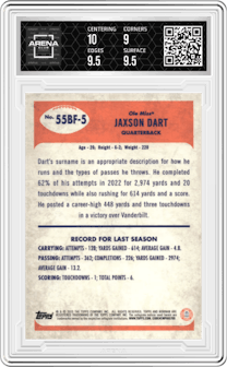 Jaxson Dart from the 2023 Bowman Chrome University set graded by Arena Club and given an overall grade of 9.5.
