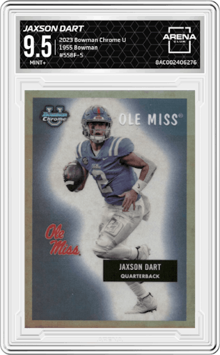 Jaxson Dart from the 2023 Bowman Chrome University set graded by Arena Club and given an overall grade of 9.5.