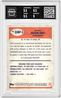 Jaxson Dart from the 2023 Bowman Chrome University set graded by Arena Club and given an overall grade of 9.5.