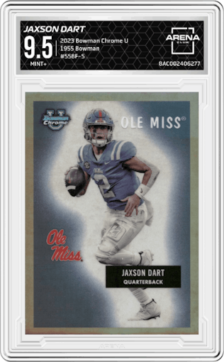 Jaxson Dart from the 2023 Bowman Chrome University set graded by Arena Club and given an overall grade of 9.5.