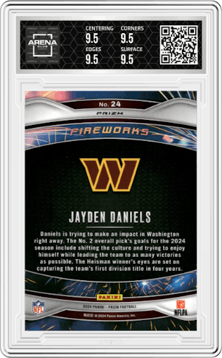 Jayden Daniels from the 2024 Panini Prizm set featuring a Green Prizm parallel graded by Arena Club and given an overall grade of 9.5.
