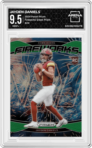 Jayden Daniels from the 2024 Panini Prizm set featuring a Green Prizm parallel graded by Arena Club and given an overall grade of 9.5.