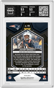 Jacoby Brissett from the 2024 Panini Mosaic set featuring a Honeycomb parallel graded by Arena Club and given an overall grade of 6.5.