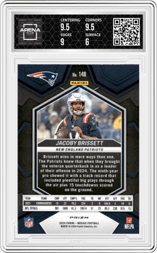 Jacoby Brissett from the 2024 Panini Mosaic set featuring a Honeycomb parallel graded by Arena Club and given an overall grade of 6.5.