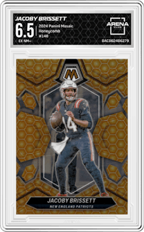 Jacoby Brissett from the 2024 Panini Mosaic set featuring a Honeycomb parallel graded by Arena Club and given an overall grade of 6.5.