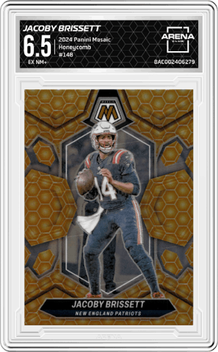 Jacoby Brissett from the 2024 Panini Mosaic set featuring a Honeycomb parallel graded by Arena Club and given an overall grade of 6.5.