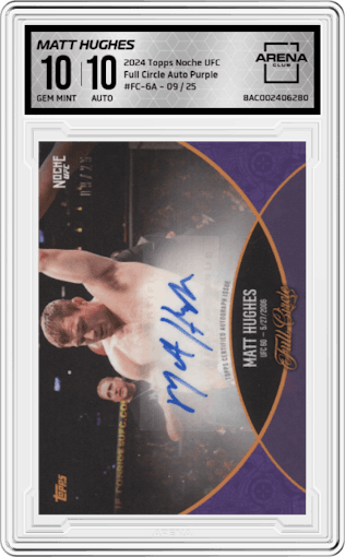 Matt Hughes from the 2024 Topps Noche UFC set featuring a Purple parallel graded by Arena Club and given an overall grade of 10.