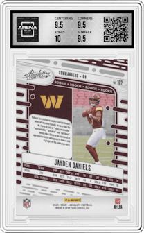 Jayden Daniels from the 2024 Panini Absolute set graded by Arena Club and given an overall grade of 10.