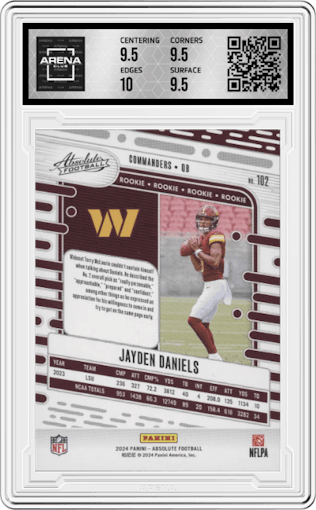 Jayden Daniels from the 2024 Panini Absolute set graded by Arena Club and given an overall grade of 10.