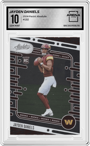 Jayden Daniels from the 2024 Panini Absolute set graded by Arena Club and given an overall grade of 10.