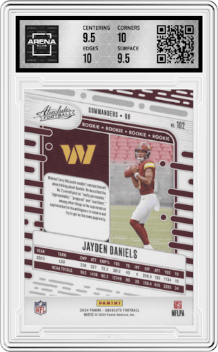 Jayden Daniels from the 2024 Panini Absolute set graded by Arena Club and given an overall grade of 10.