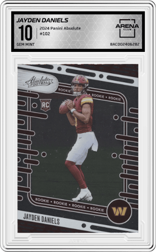 Jayden Daniels from the 2024 Panini Absolute set graded by Arena Club and given an overall grade of 10.