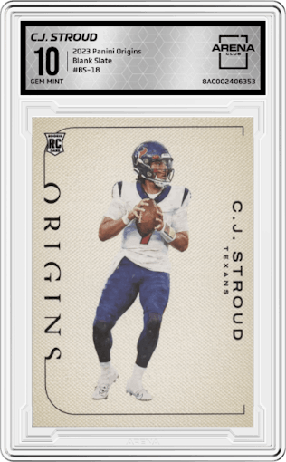 C.J. Stroud from the 2023 Panini Origins set graded by Arena Club and given an overall grade of 10.