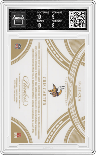 Cris Carter from the 2023 Panini Flawless set featuring a Sapphire parallel graded by Arena Club and given an overall grade of 8.5.