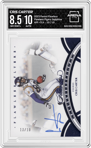 Cris Carter from the 2023 Panini Flawless set featuring a Sapphire parallel graded by Arena Club and given an overall grade of 8.5.