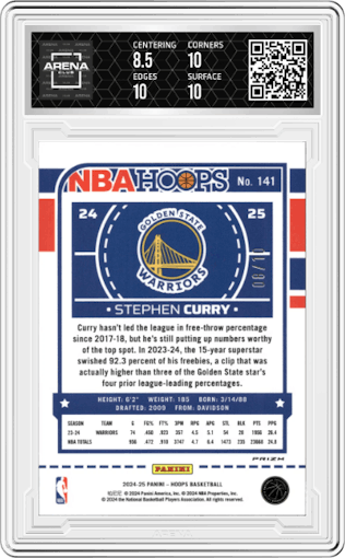 Stephen Curry from the 2024-25 Panini NBA Hoops set featuring a Gold Premium parallel graded by Arena Club and given an overall grade of 9.