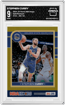 Stephen Curry from the 2024-25 Panini NBA Hoops set featuring a Gold Premium parallel graded by Arena Club and given an overall grade of 9.